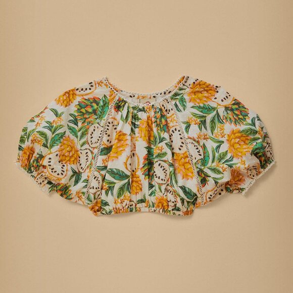 NWT FARM Rio Off-White Biriba Cropped Top Yellow Green Floral Puff Sleeve Blouse - Picture 1 of 12